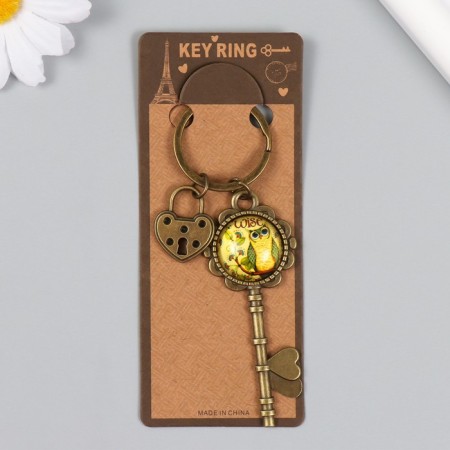 Metal keychain, glass "Castle-heart and key with the owl" bronze 10 cm