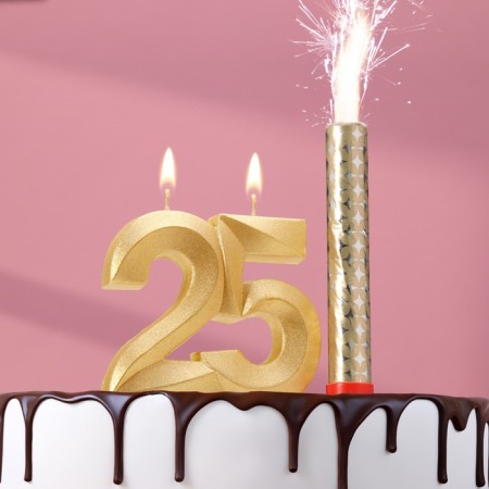 Candle in the cake jubilee "Face + Fountain", number 25, gold metallic, 6.5 cm