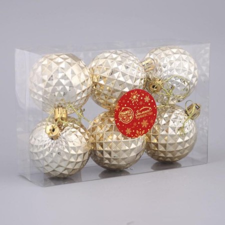 Set of balls plastic D-6 cm, 6 pcs "Volumetric mesh" gold-1