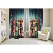 Set of curtains multi-colored houses, 147x267 +/- 3cm 2pcs, Gabardin, p/e100%