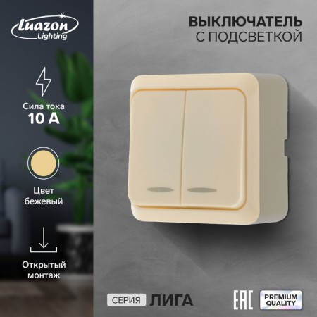 Luazon Lighting "League" switch, 10 A, 2 keys, overhead, backlight, beige