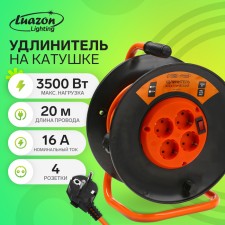 The extension cord on the coil of Luazon Lighting ECO, 4 sockets, 20 m, 16 A, PVS 3x1.5 mm2, s/k, IP 20, thermal switch