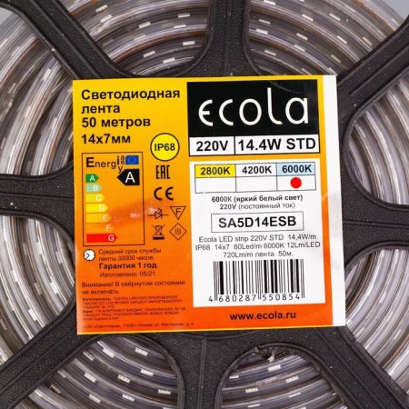 Ecola StD LED strip 14 × 7 mm, 50 m, IP68, SMD5050, 60 LED/m, 14.4 W/m, 220 V, 6000K-5