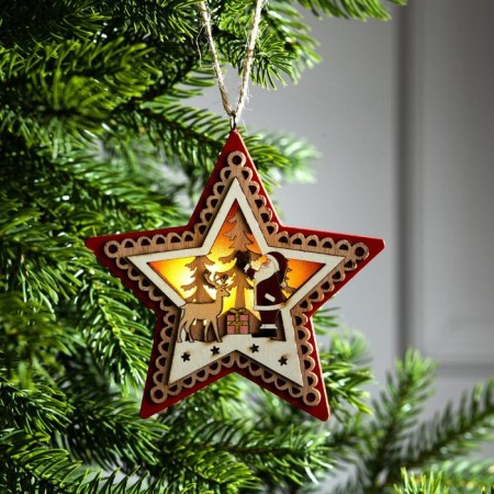 Christmas tree toy "Red Star with Santa Claus", from batteries, glow of warm white