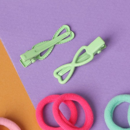 Caramel hair set (10 elastic bands 1.5 cm, 2 clamps 3 cm) hearts, green-2