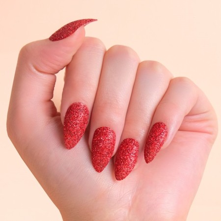 False nails, 24 pcs, with glue plates, the shape of almonds, sparkles/holography, red color-13