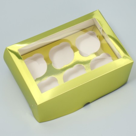 Capcake box, confectionery packaging with a window, 6 golden cells, 25 x 17 x 10 cm-2