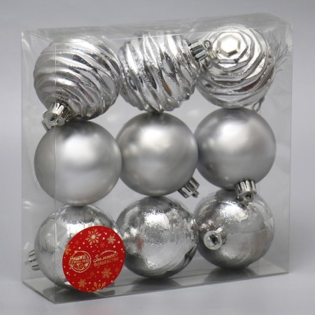 Set of balls plastic D-6 cm, 9 pcs "Astrid strips" silver-1