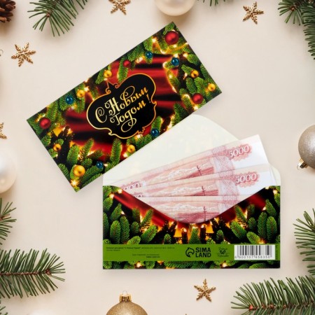 Money envelope "Happy New Year!" spruce branches, red background 16x8 cm-1