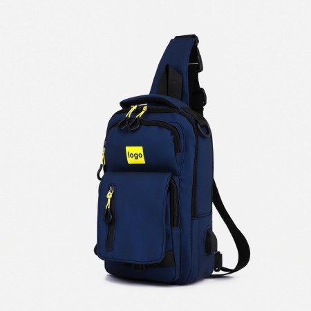 Male sling bag from textiles, with USB, blue color