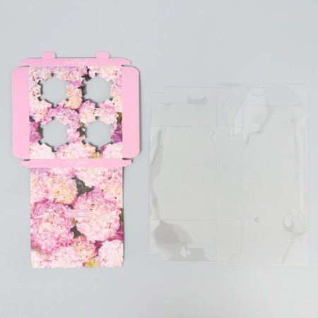 Capcake box, confectionery packaging, 4 cells, "hydrangeas", gold, 16 x 16 x 11.5 cm-4
