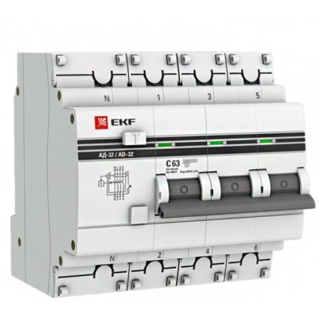 The circuit breaker automatic differential current 4P (3p+N) C 63A 30a type AC 4.5ka AD-32 Protection 270V Electron. Proxima EKF DA32-63-30-4P-PRO