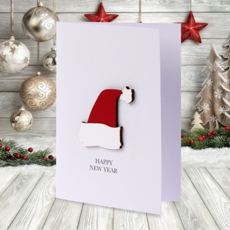 A postcard with a wooden element "Happy New Year!" Handmade, red cap, 14.7x10.5 С 1012702-2