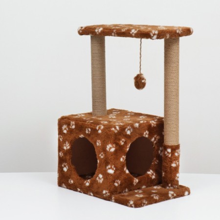 Cat house with a claw, two -story, with windows, 50x36x75 cm, brown with paws-2