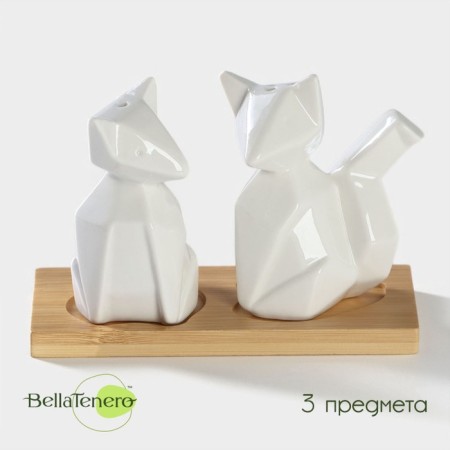Porcelain set for spices on the bamboo stand Bellatenero “Fox”, 3 objects: Solonka 80 ml, List 80 ml, stand, white color