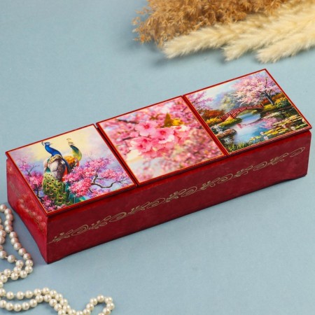 Triple box "Sakura", pink, lacquer miniature