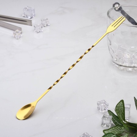 Spoon of barn stainless steel with a fork, length 32.5 cm, gold color