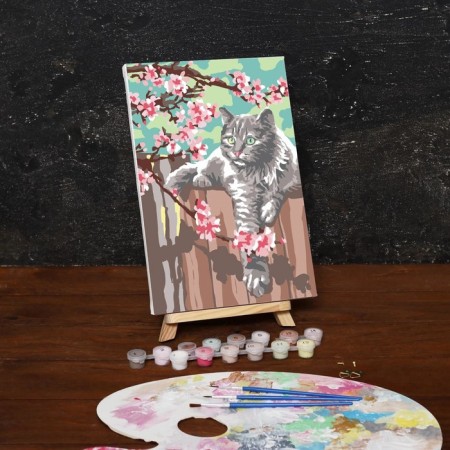Picture on numbers on canvas with a subframe "Cat and flowers", 30x20 cm-1