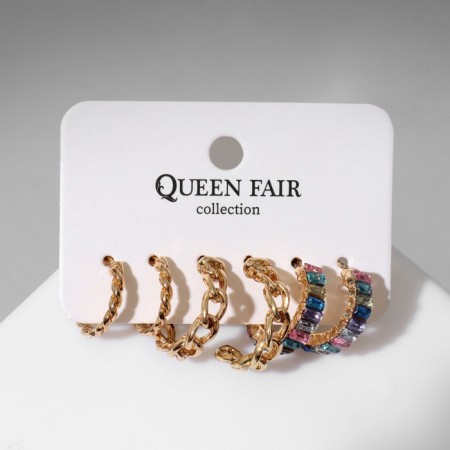 Ring earrings set 3 pairs of “links” chains, colored in gold, d = 2-1