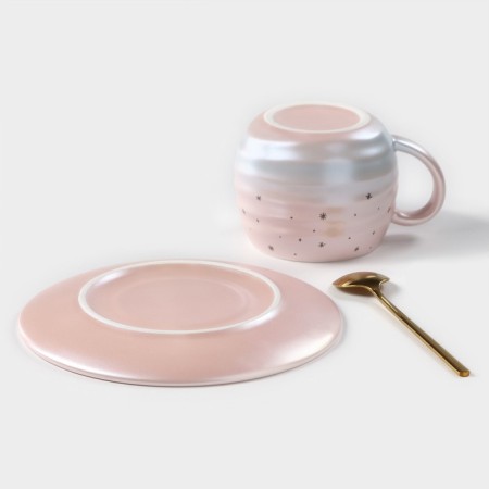 Tea couple ceramic “magic”, 3 objects: 260 ml mug, saucer d = 15.8 cm, spoon h = 14 cm, pink color-4