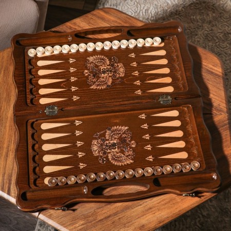 Handmade backgammon "coat of arms", deep cutting, with a pen, 60x30 cm, with a chess field, Armenia-2