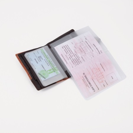 Male purse on the button, 3 in 1, for auto documents, passports, bills, pockets for cards, for coins, brown color-7