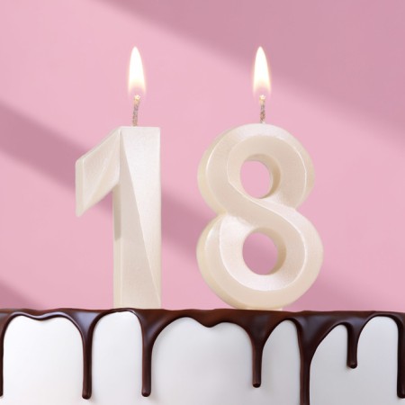 Candle in the cake jubilee "line" (set 2 in 1), number 18/81, pearl, 6.5 cm