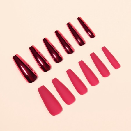 Patch nails, 12 pcs, with adhesive plates, ballerina shape, matte/chrome, burgundy/red color-3