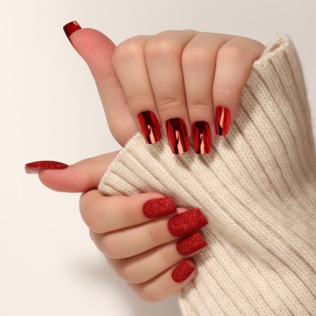Patch nails, 12 pcs, with adhesive plates, a soft square shape, with sparkles, red-7
