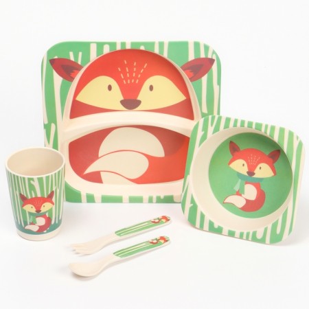 A set of children's dishes "Fox", from bamboo, 5 items: plate, bowl, glass, cutlery