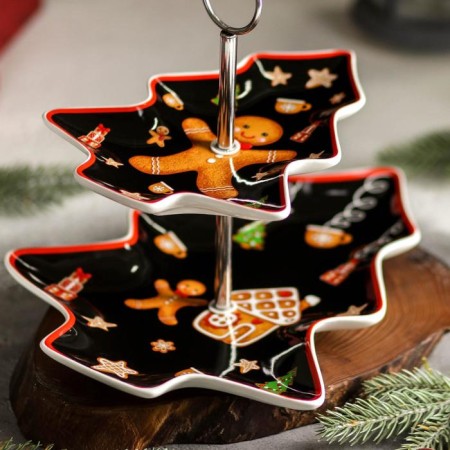 Porcelain Porcelain 2-tier shade "New Year. Gingerbread magic ”, upper tier 21 × 17 × 2.2 cm, lower tier 29 × 24 × 26 cm-1