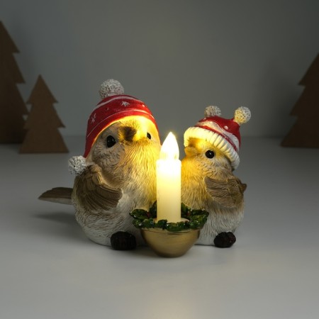 Souvenir Polystone Light "Birds in hats with snowflakes sit at the candle" 15.5x12.5x10.2 cm-1
