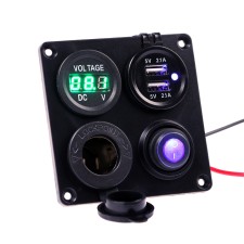The branch, a voltmeter, a cigarette lighter, 2 USB 2.1A, 5V.