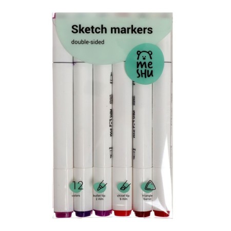 Meshu bilateral markers for sketching, 12 colors (berry colors)