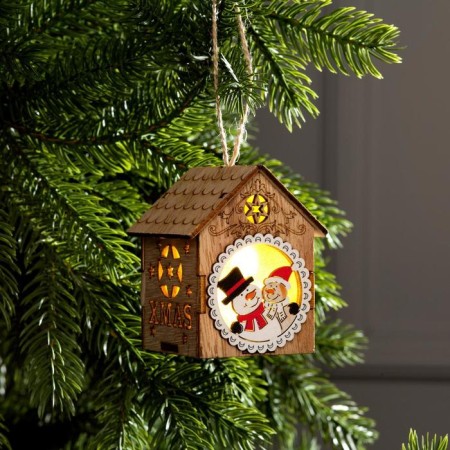 Christmas tree toy "House with snowmen", from batteries, glow of warm white