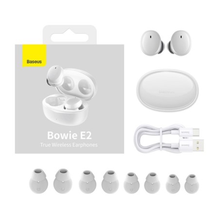 Wireless headphones Baseus E2, TWS, vacuum, BT5.2, 40/300 mAh, microphone, white-9