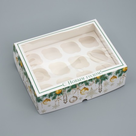 Folding box for 12 cupcakes with the window "Happy New Year!" 32.8 x 25.6 x 10 cm, New Year-2