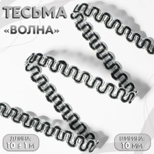 Decorative braid “Wave”, 10 mm, 10 ± 1 m, silver/black color