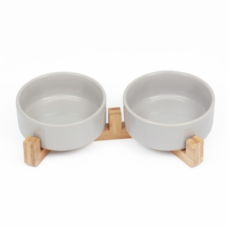 Double ceramic bowls on a stand of 2 x 450 ml 28.5 x 15.5 x 7 cm, gray-2