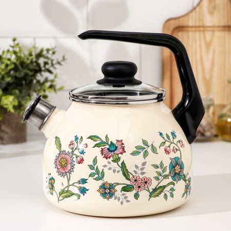 Kettle with a whistle "Meadow flowers" 3 l, fixed handle, induction