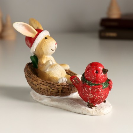 Polystone souvenir "Bunny in a basket and red bird" 13x6x8 cm-3