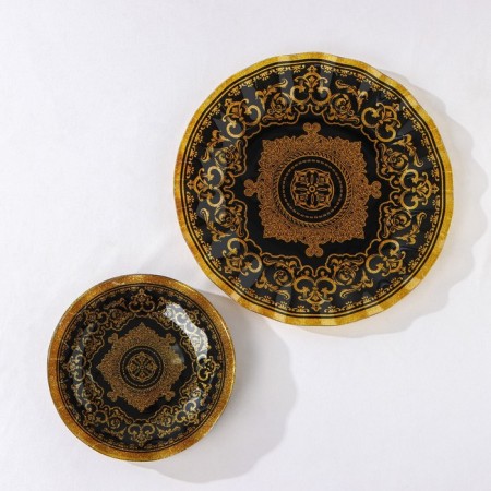 Set of table 7 objects "Mehendi", d = 30 cm - 1 pc, d = 18 cm - 6 pcs, black color with golden-1