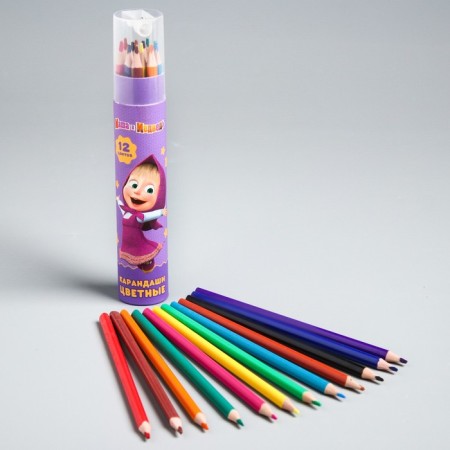 Pencils are colored, 12 colors, in a tube with a sharpener, Masha and the bear