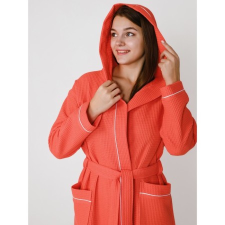 Women's robe with a hood, size 66, coral color-4