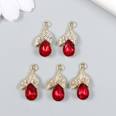 Decor for creativity metal, rhinestones "Two leaves with crystal" gold, red 1.1x2.1 cm-2