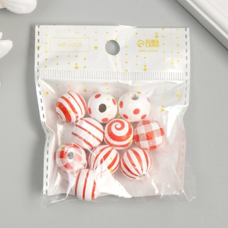 Beads wood for creativity "Round. Red patterns on white" D = 1.6 cm set 10 pcs-2