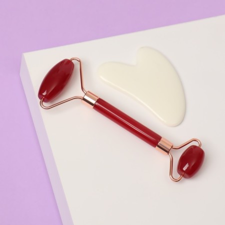 Facial massage set “Temptation”, 2 subjects: gua, bilateral rolller, pink/white color-3
