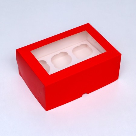 Packaging for cupcakes with a window for 6 cellulose cupcakes, scarlet, 25 x 17 x 10 cm-1