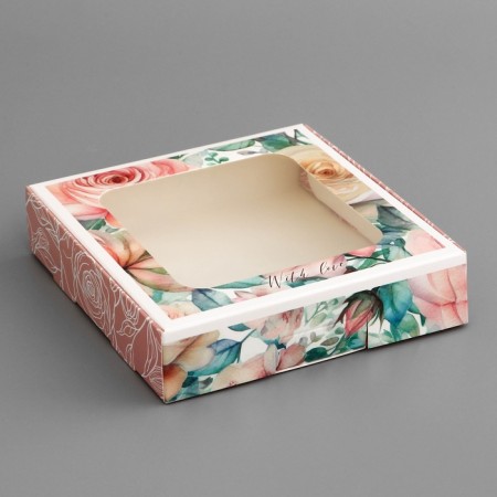 Box a gift team with a window, packaging, "with love", 13 x 13 x 3 cm