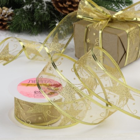 Kapron tape with metal thread “Stars and Binding”, 38 mm × 2.7 ± 0.5 m, gold color